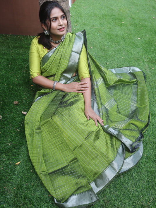 Mangalgiri  Handwoven  Pure Silk Saree with Silver Zari Checks & Border,  Olive Green, SS1010