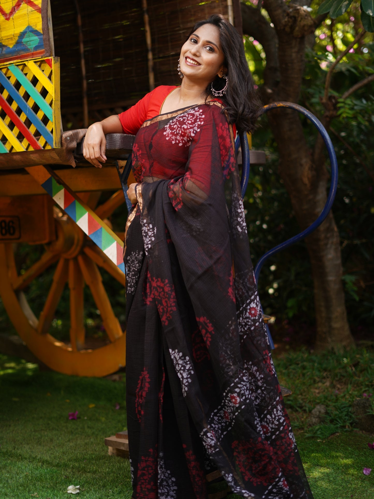 Pure Cotton Kota Doria Block Printed Saree with Zari Border,  Black, SR1030