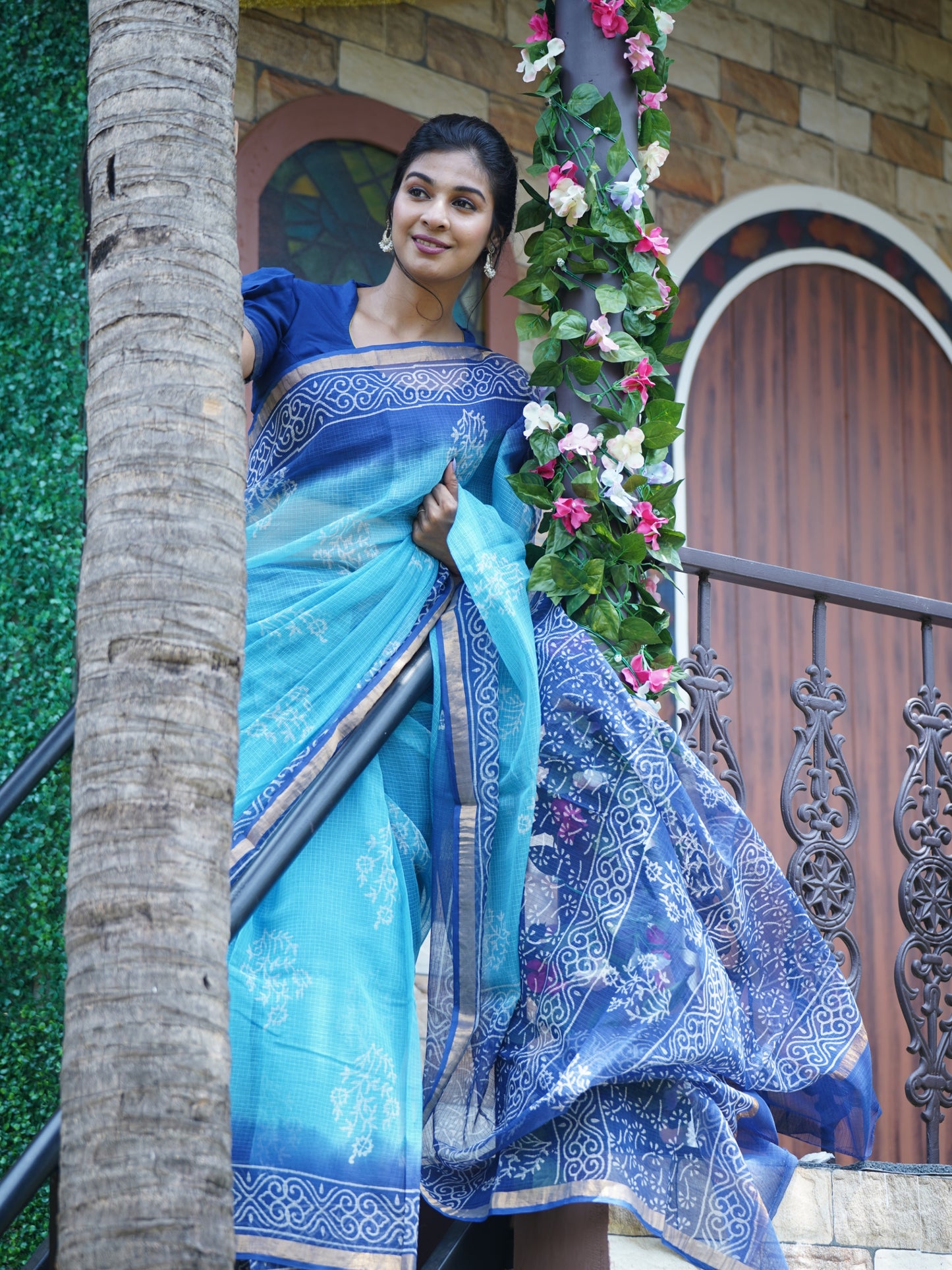 Pure Cotton Kota Doria Block Printed Saree with Zari Border,  Blue, SR1023