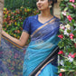 Pure Cotton Kota Doria Block Printed Saree with Zari Border,  Blue, SR1023