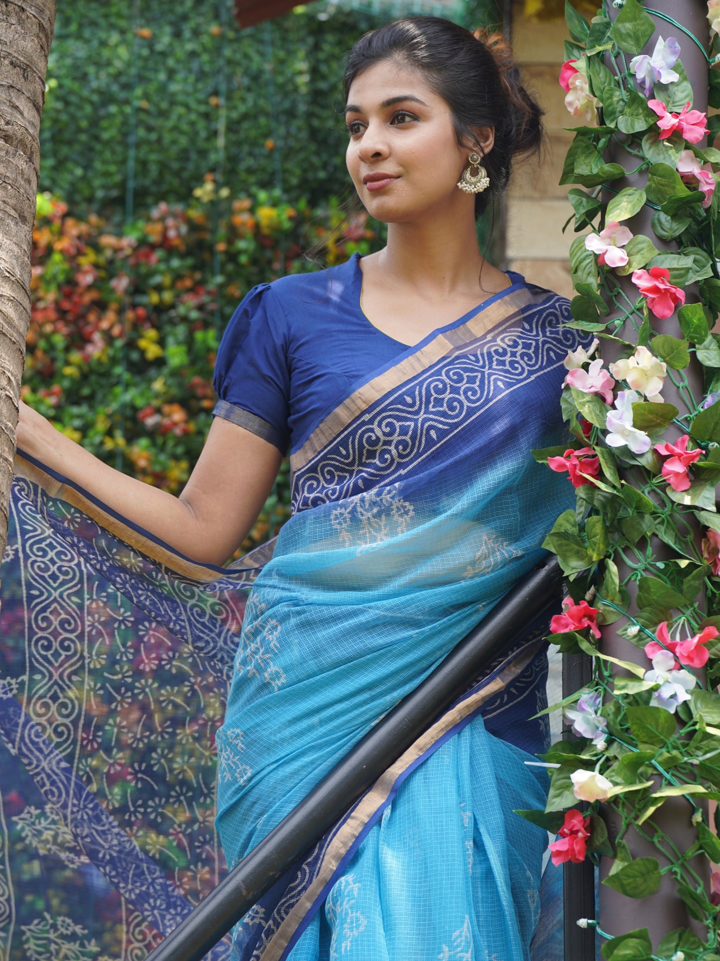 Pure Cotton Kota Doria Block Printed Saree with Zari Border,  Blue, SR1023