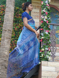 Pure Cotton Kota Doria Block Printed Saree with Zari Border,  Blue, SR1023