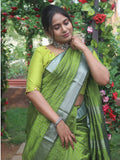 Mangalgiri  Handwoven  Pure Silk Saree with Silver Zari Checks & Border,  Olive Green, SS1010