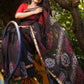 Pure Cotton Kota Doria Block Printed Saree with Zari Border,  Black, SR1030