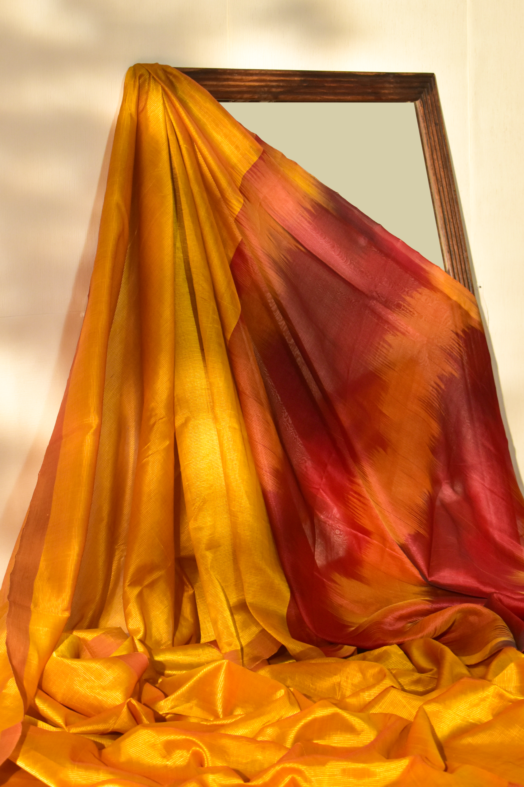 Marigold Yellow with Ikkat Pallu Cotton Saree in Mangalgiri Handwoven Silk, SS1026