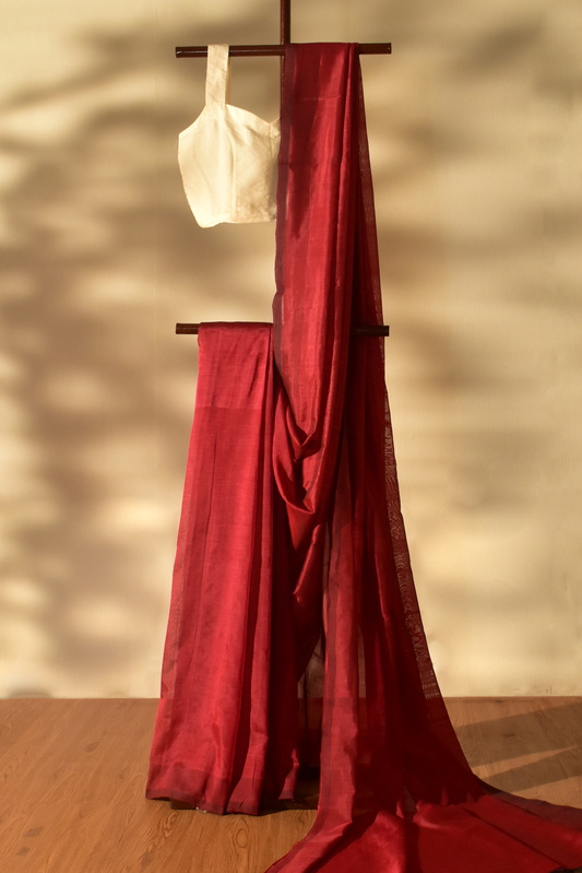 Crimson Maroon Cotton Saree in Mangalgiri Handwoven Silk, SS1006