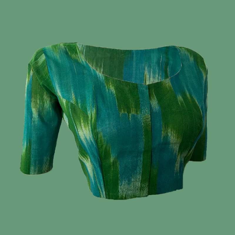 Mangalgiri  Tie-dye Cotton Round neck Blouse,  Green -blue,   BH1242