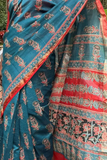 Maheswari Silk Cotton Bagru Printed Saree With Zari Border, Blue – Saphire, SS1013
