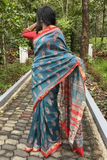 Maheswari Silk Cotton Bagru Printed Saree With Zari Border, Blue – Saphire, SS1013