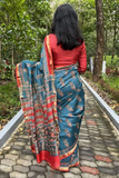 Maheswari Silk Cotton Bagru Printed Saree With Zari Border, Blue – Saphire, SS1013